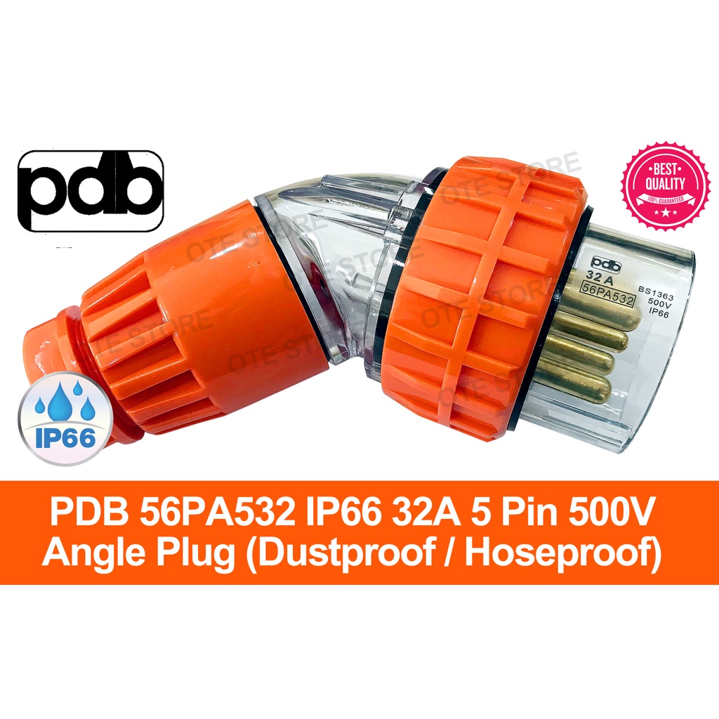 PDB S56 Series 56PA532 IP66 32A 5 Pin 500V Angle Plug Orange (Dustproof ...