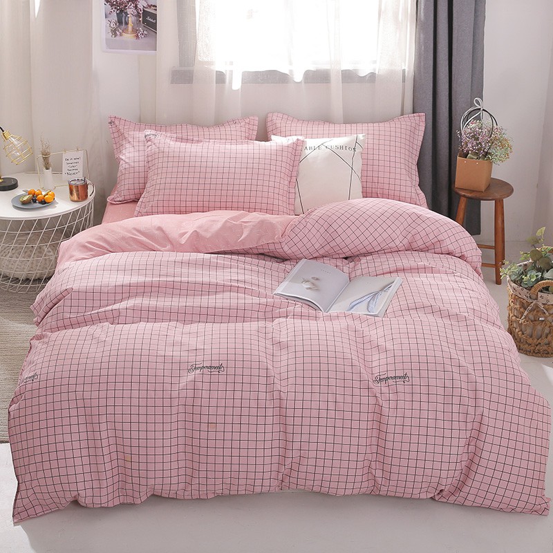 Gdmm 4 In 1 Pink Plaid Bedding Set Duvet Cover Flat Sheet