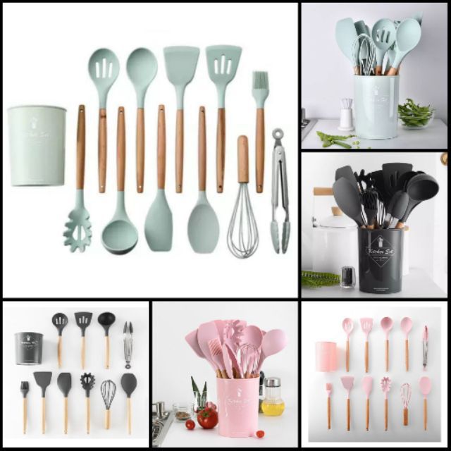 SILICONE KITCHEN UTENSILS WITH WOODEN HANDLE SENDUK 