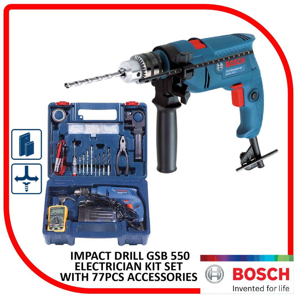 BOSCH IMPACT DRILL GSB550RE ELECTRICIAN KIT SET WITH 77PCS ACCESSORIES Shopee Malaysia