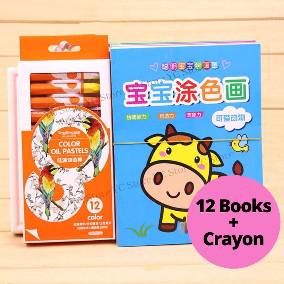 Kids Colouring Book Set & Crayon Warna Krayon Buku Mewarna (12 Books