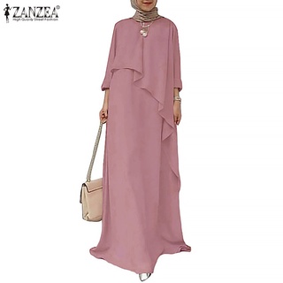 Image of ZANZEA Women Solid Color Full Sleeve O Neck  Elegant Muslim Maxi Dress