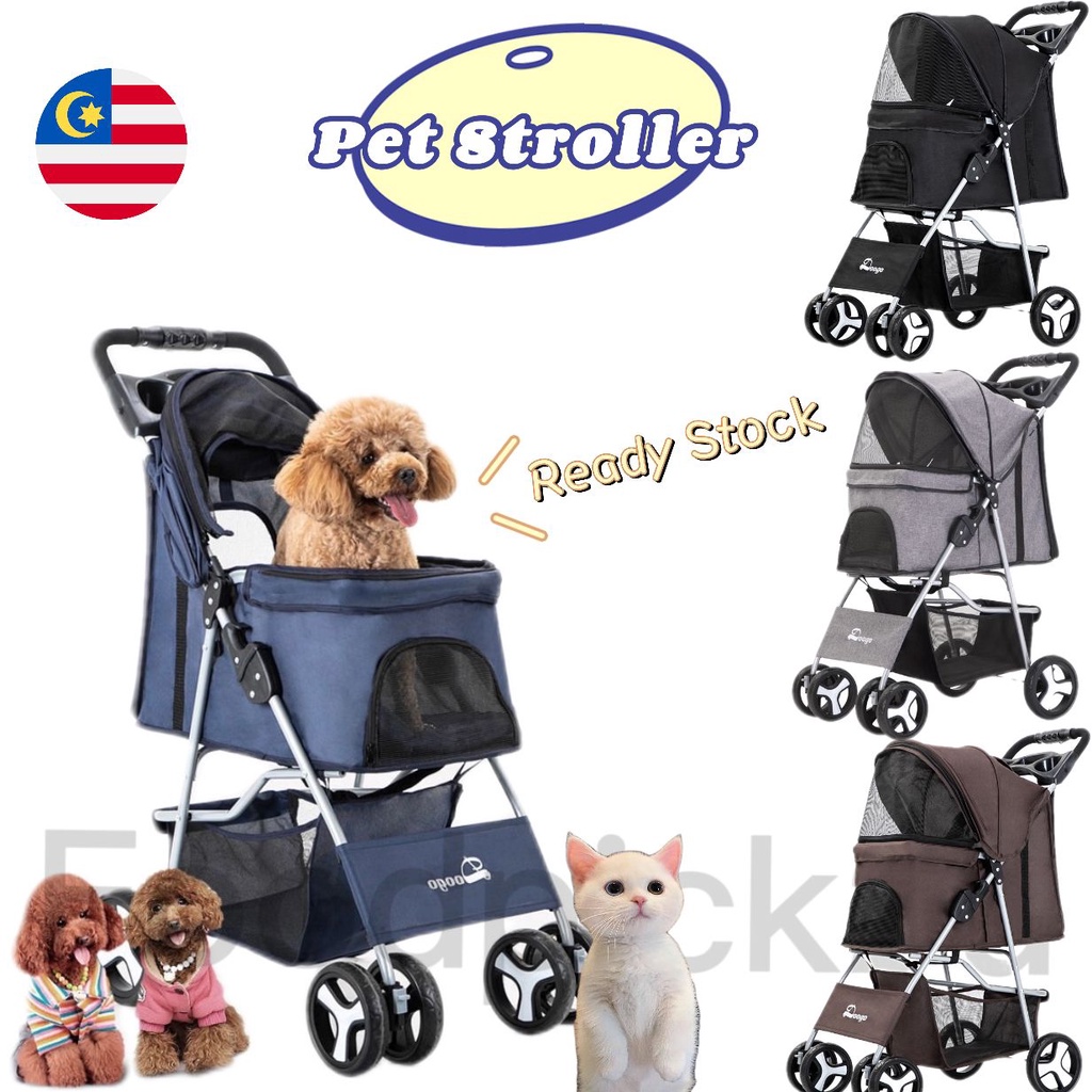 [FREE RAIN COVER] FOLDABLE Pet Stroller Carrier Cat /Dog Trolley 4 Wheel Lightweight Pets Anjing