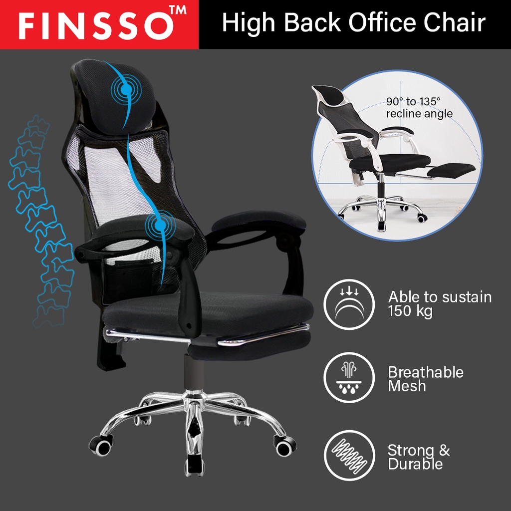 [READY STOCK] FINSSO: Mesh High Back Reclining Lock Office Chair With Hidden Leg Rest - Kerusi Pejabat