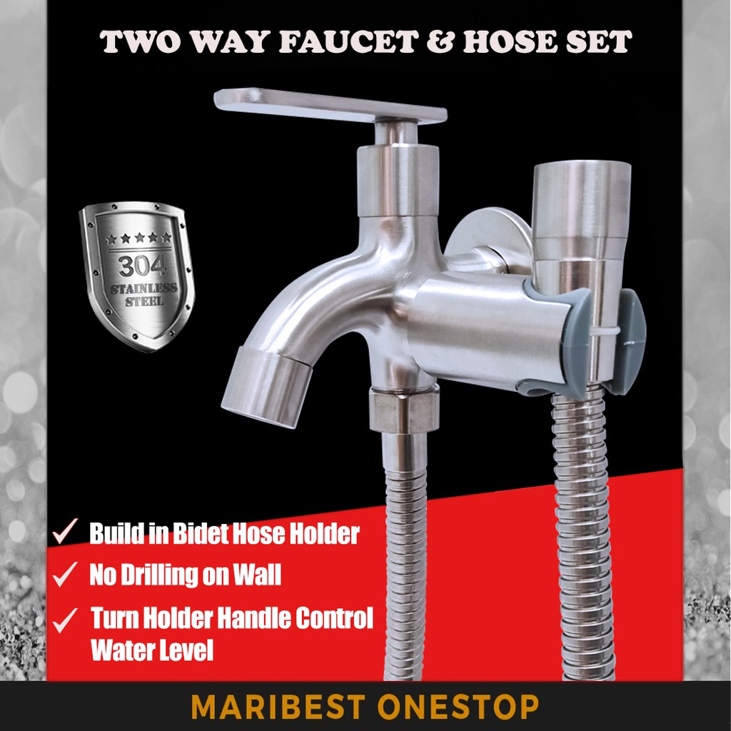 🌹[Local Seller]  AT-304567SS STAINLESS STEEL 304 TWO WAY FAUCET TAP WITH BIDET HOSE BATHROOM TOI