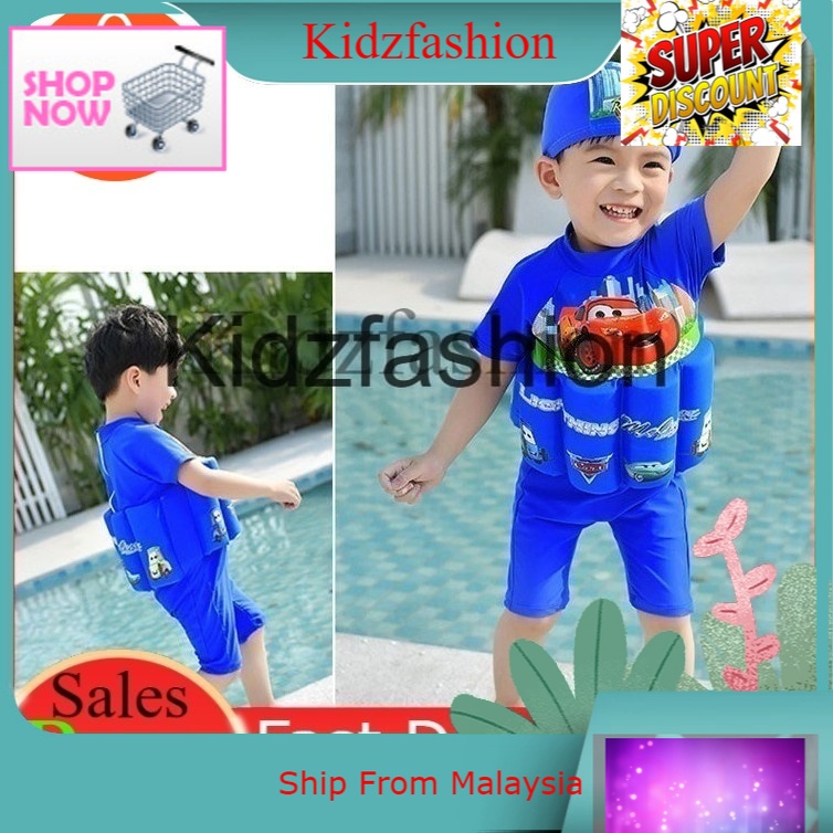 *SALES* Baju Renang Budak Boy Girl Kids Floating Swimwear Swim Suit Baju Renang+Cap- CARS