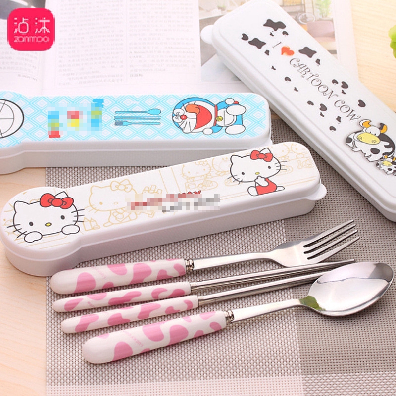 Hello Kitty 4PCS Dinnerware Stainless Steel Spoon+Fork+Chopsticks+Bag Tableware 