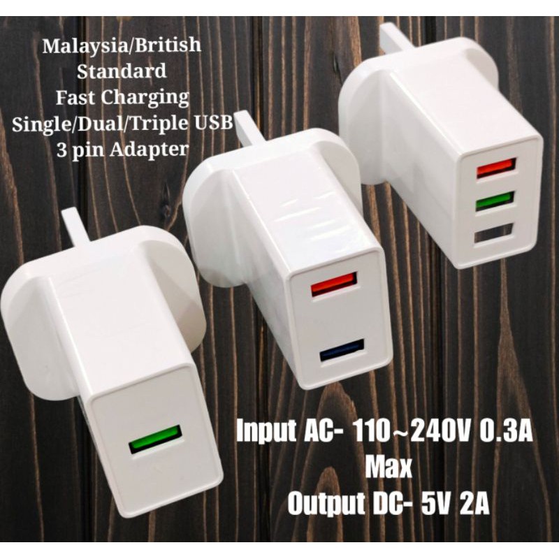 3 pin plug Malaysia UK Standard Triple plug USB dual plug USB adapter for mobile and portable