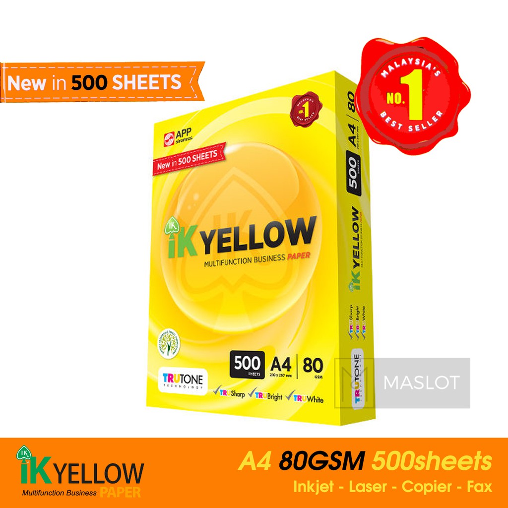 IK Yellow Paper A4 Size 80gsm - 500 Sheets Per Ream (1box = 5reams ...