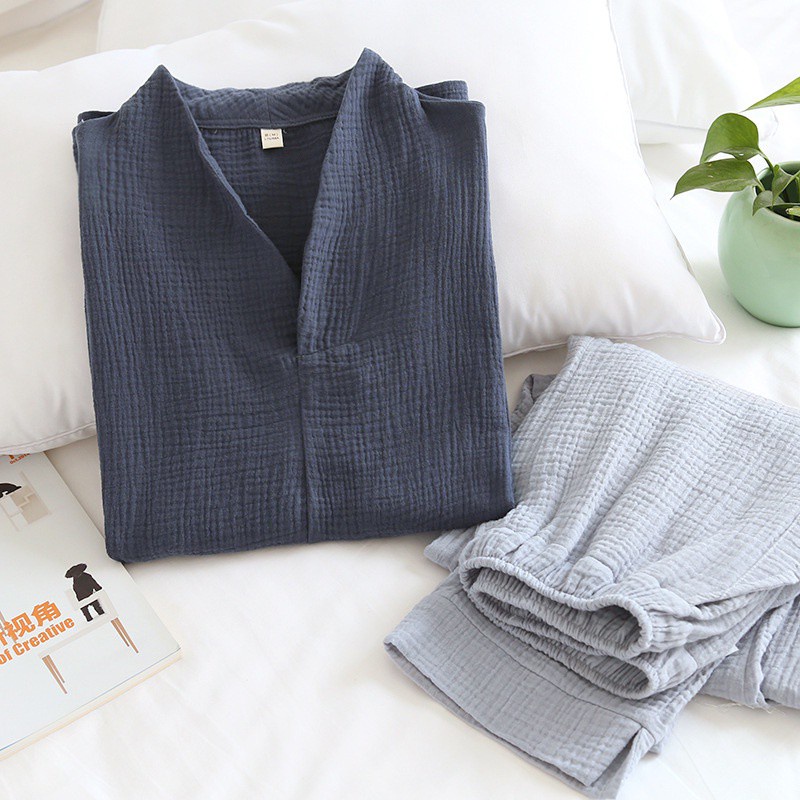 [Ready Stock]Women & Men 100% Cotton Crepe Long Sleeve Trousers Loose Pajamas Set solid color Muji Style Baju tidur wanita solid Pyjamas Nightwear Sleepwear Nightwear Korean Japanese Pajamas Loungewea