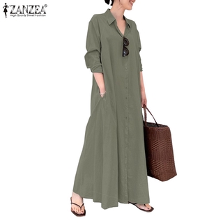 Image of ZANZEA Women Long Sleeve Lapel Collar Split Hem Solid Color Maxi Dress