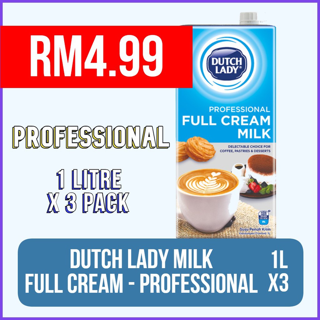 Dutch Lady Uht Milk FULL CREAM (PROFESSIONAL) 1Liter x 3packs