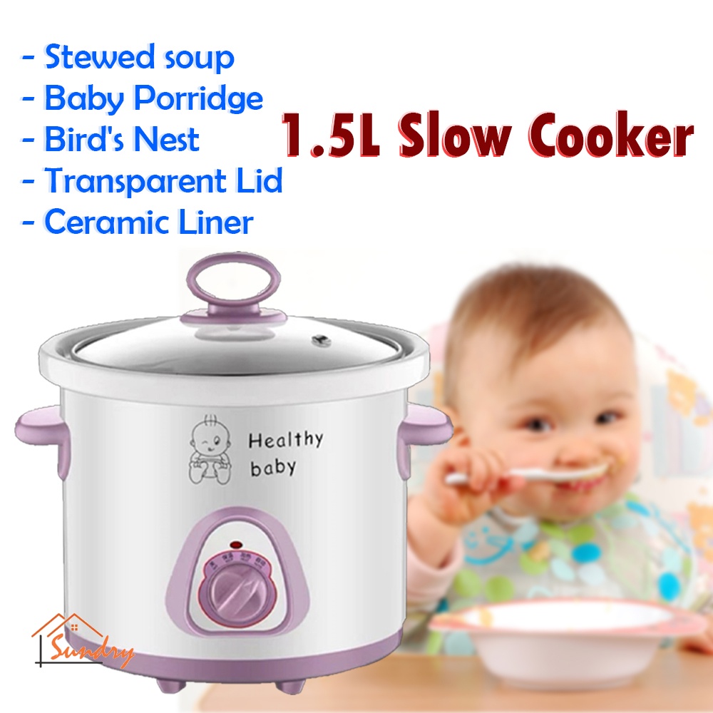 Slow Cooker Stewing Pot Baby Food Porridge Soup Cooking Ceramic Adjustable Temperature 1.5L