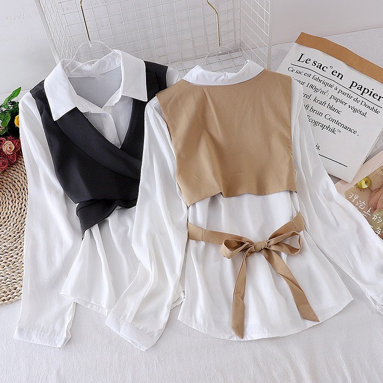 DEANDRA TOP BLOUSE WOMEN'S TOP KOREAN STYLE BLOUSE BUTTON 2IN1 FREE VEST