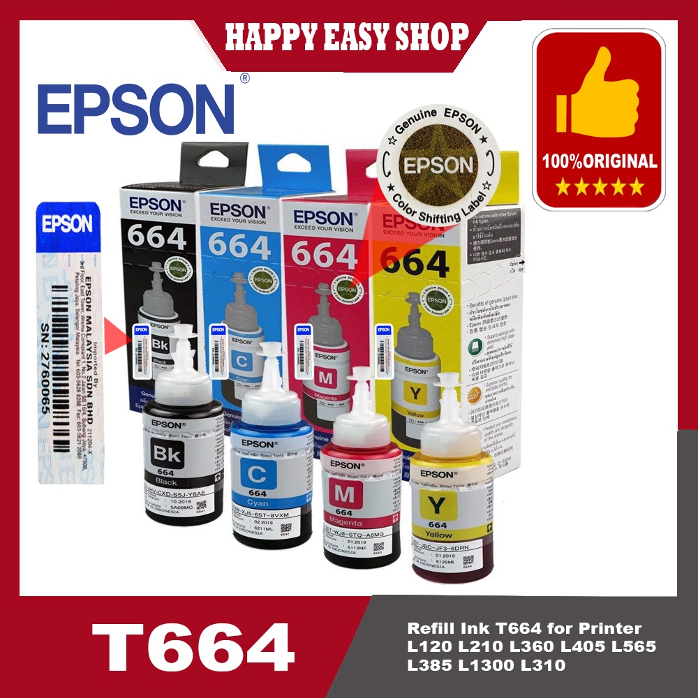 Official Epson T664 70ml Refill Ink L120 L210 L360 L405 L565 L385 L1300 L310 Shopee Malaysia