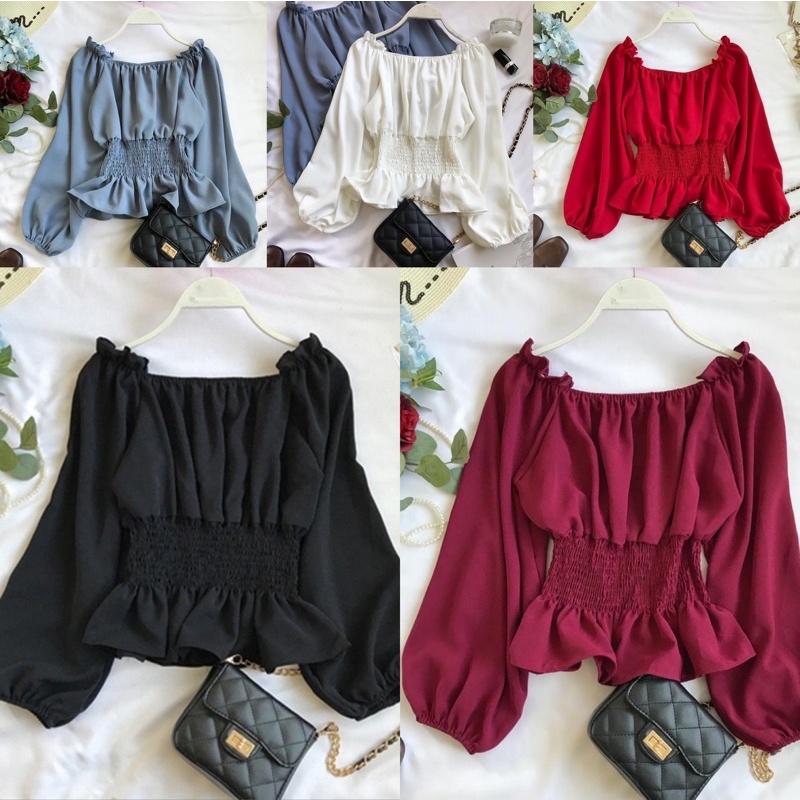 Ready Stock In Malaysia korean style women ladies chiffon blouse puff blouse baju baju wanita lengan panjang
