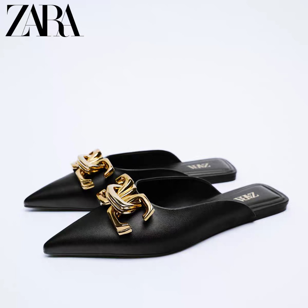Zara New Women'S Shoes Black Buckle Embellished Flat Sole Elegant  Temperament Mules | Shopee Malaysia