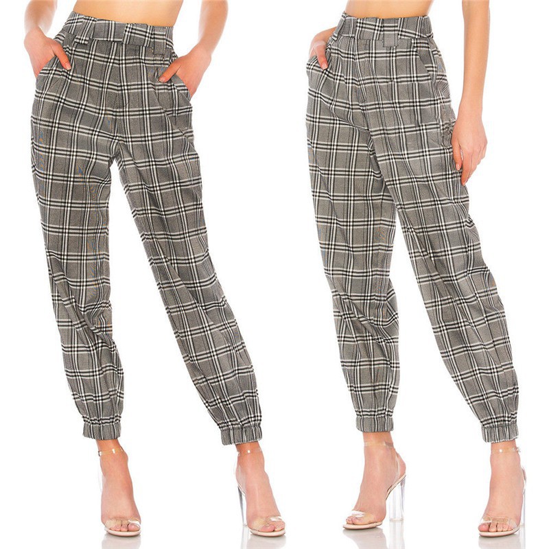 2018 Stylish Gray Plaid Harem Pocket Pants Women Trousers Casual