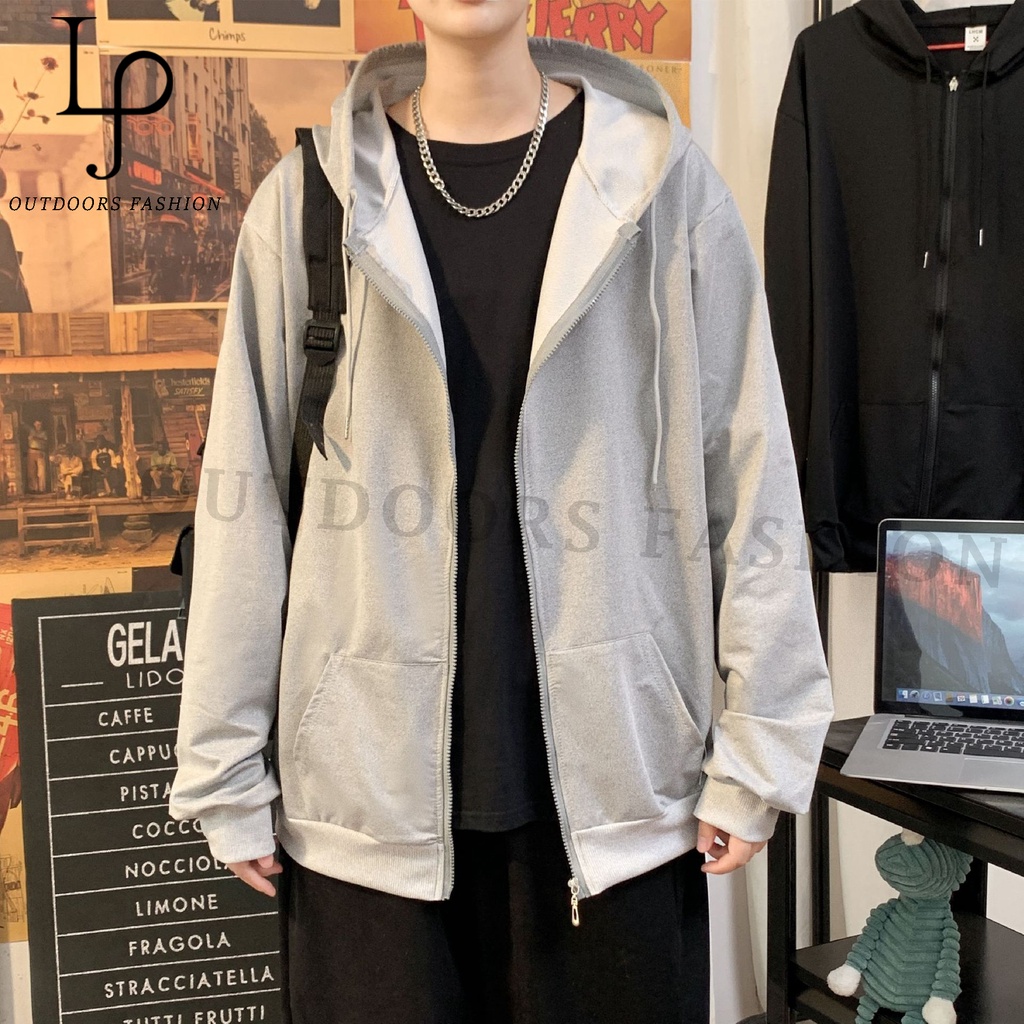 LJ- Men Jacket Fashion Man Woman Motor Plain Jacket Hooded Zip Long Sleeve Sweatshirt Casual Jaket Lelaki Perempuan 外套男女