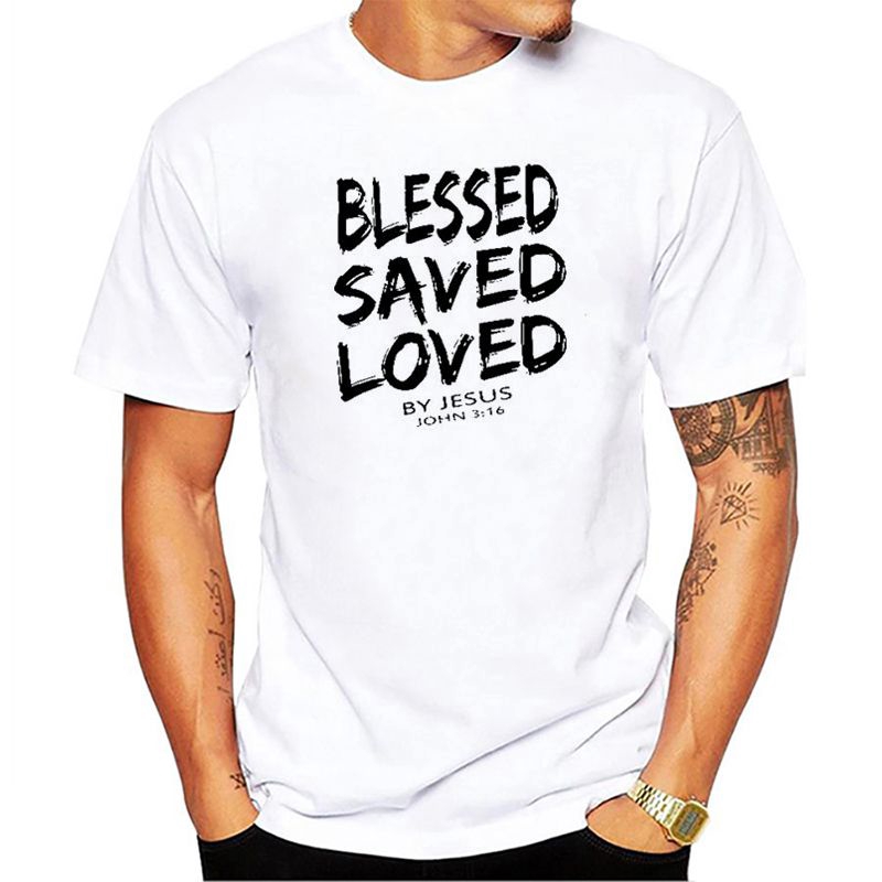 New Summer Funny Tee Christian Jesus BLESSED SAVED LOVED Letter John 3 ...