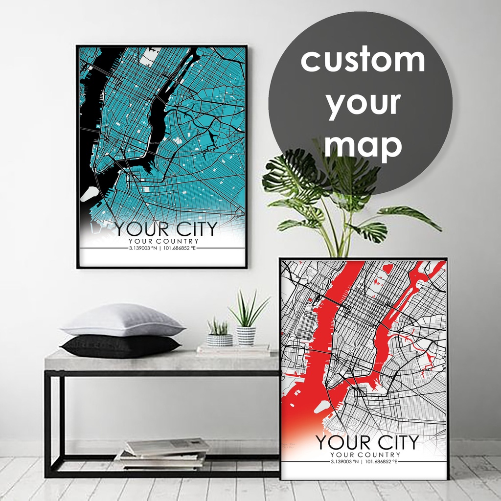 Custom Map Wall Art Print Poster of City Map Street Black, White or choose any colour | Peta bandar