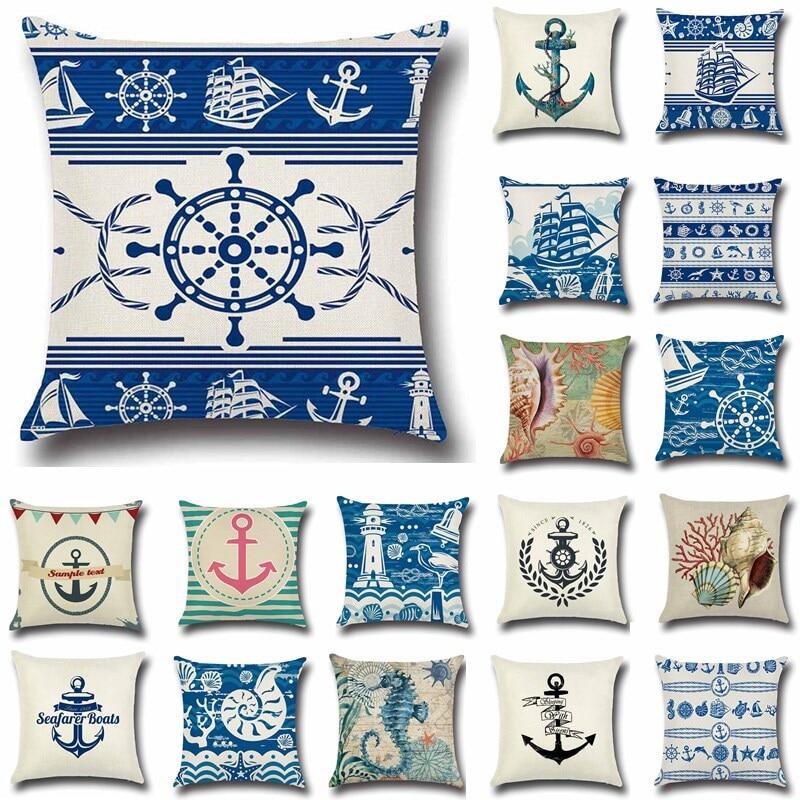 Anchor Boat Sea Series Nautical Blue Cotton Linen Throw Pillow Cushion Coveration Sofa Decor Pillowcase