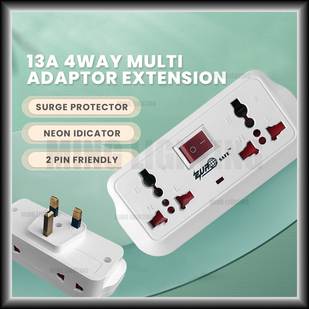 UK 3 Pin 4 Way Multi Adapter 13A Plug Universal Adaptor Neon Light