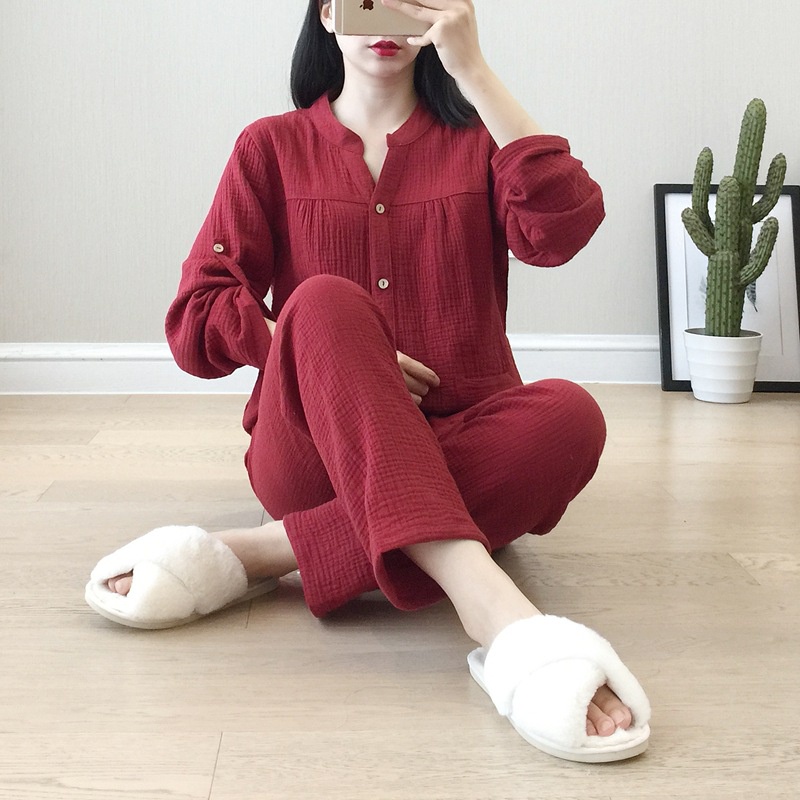 [Ready Stock]Women 100% Cotton Crepe Long Sleeve Trousers Pajamas Set ...