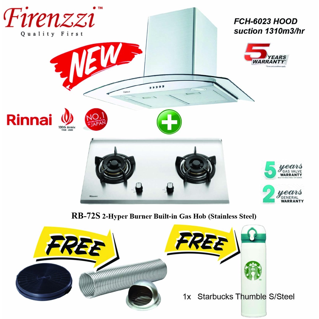 SET] Firenzzi 1310m3/hr FCH6023 Cooker Hood + Rinnai RB72S