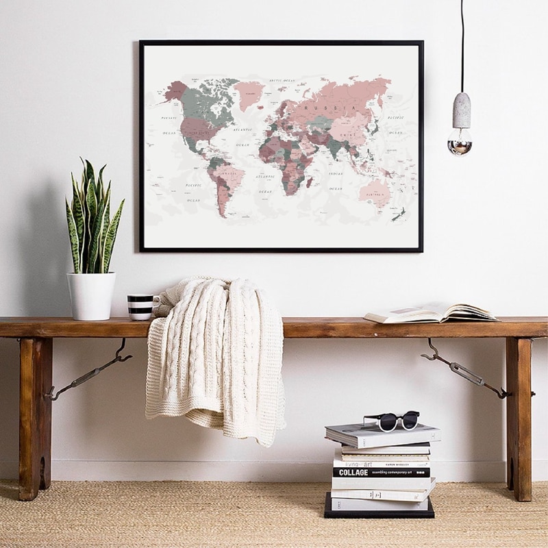 Pink Map Wall Art World Map Canvas Print Blush Pink & Hunter Green Map Of The World Poster  Dorm Decor Modern Wall Art Picture Painting Decoration | Shopee Malaysia