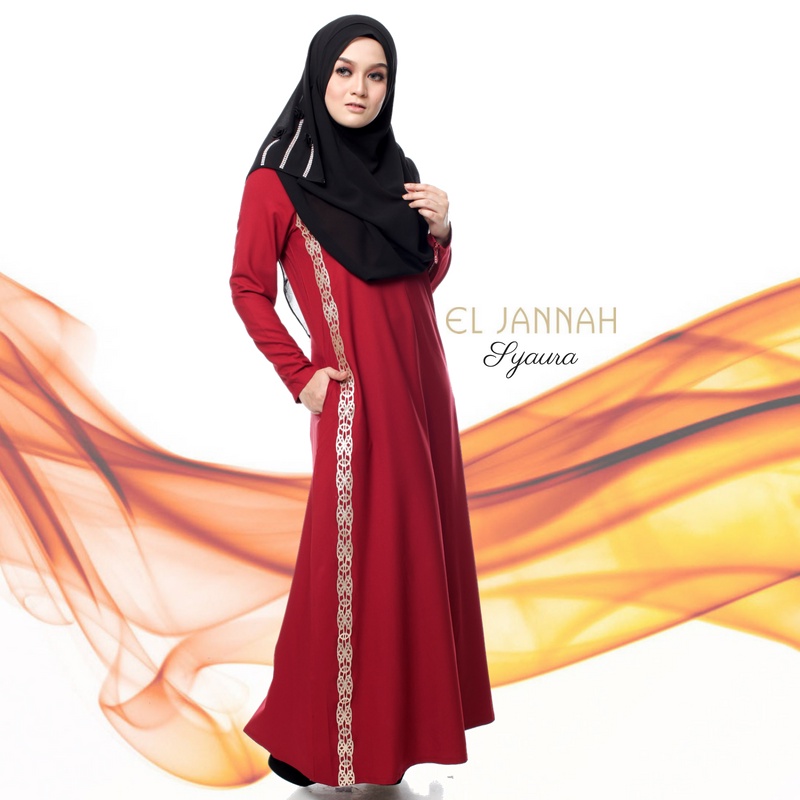 Jubah El Jannah Abaya Syaura Red Merah Maroon A Cut Kembang Selesa Poket Nursing & Wudhuk Friendly