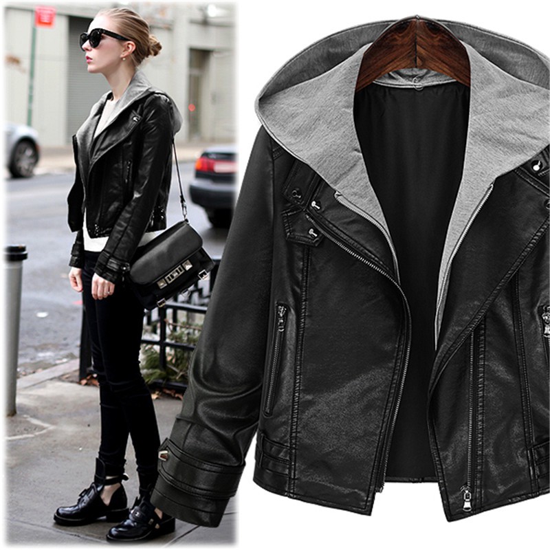 womens leather jacket with sweatshirt hood