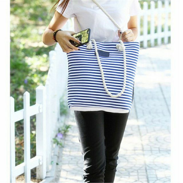 Women Canvas Striped Hemp Rope Handle Shoulder Tote Bag