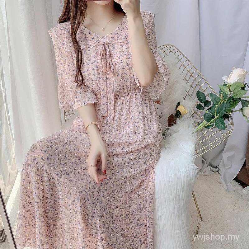 Lady Floral Dress Women's Summer Waist Slimming Fairy Dress Artistic Chiffon Dress Doll Collar Princess Dress