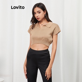 Image of Lovito Casual Plain Basic Collar Knit Tops L07008 (Khaki/White/Black)