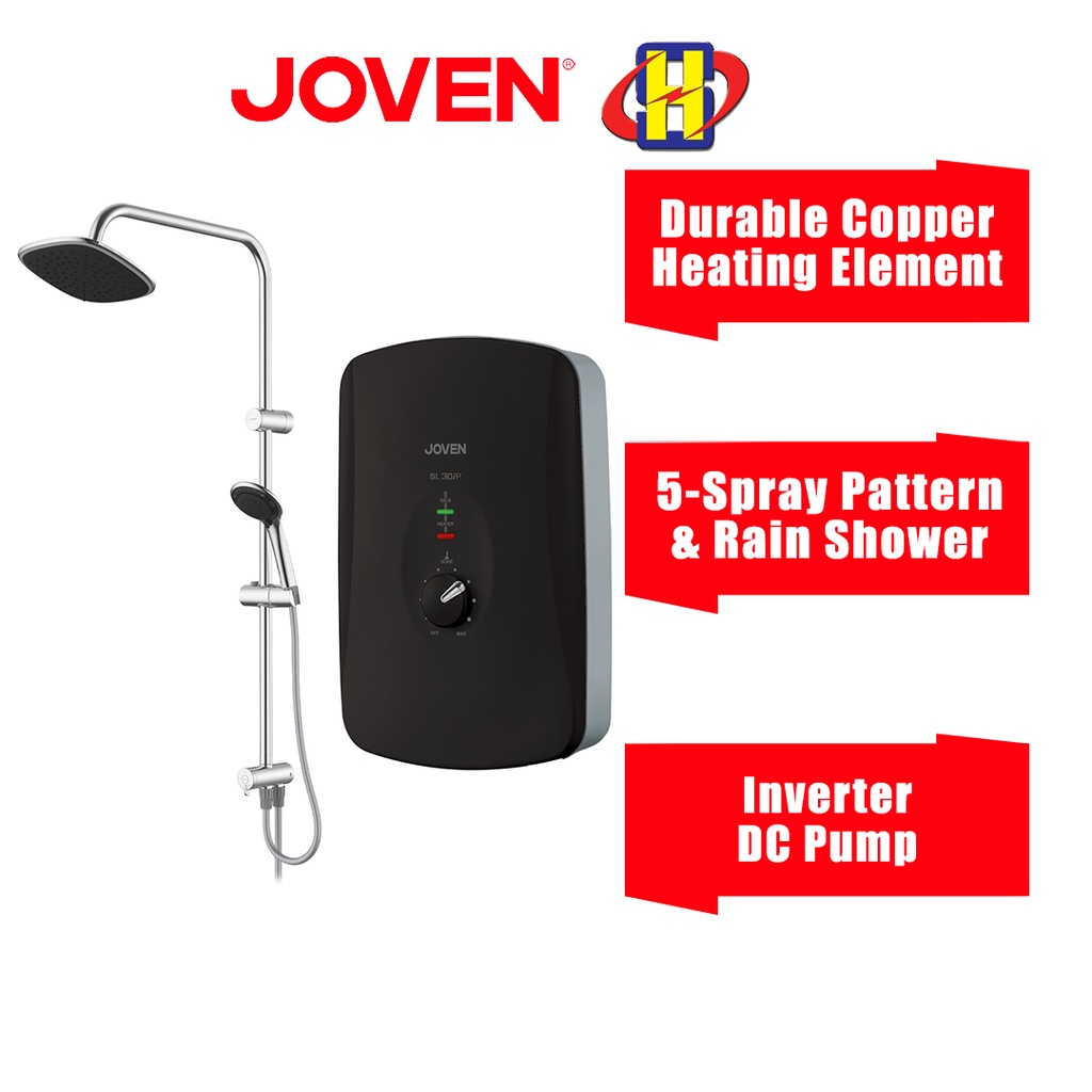 Joven Instant Water Heater (DC Pump/Rain Shower/Black) SL Series Inverter 5-Spray Pattern Showerhead SL30iP-RS