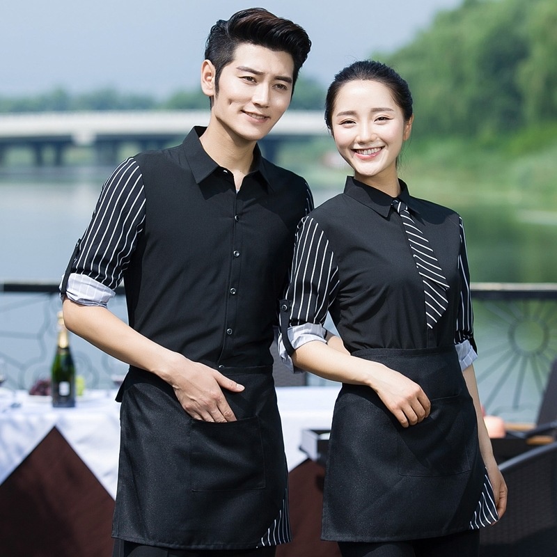 Long Sleeve Waiter Uniform Woman Cafe Staff Work Wear Coffe Shop Waitress Uniform KTV Bar Worker Service Chef Tops Overalls