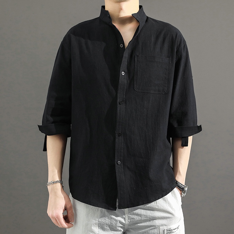 Summer linen shirt, men's 3/4-sleeve shirt, loose cotton shirt, black，M-5XL