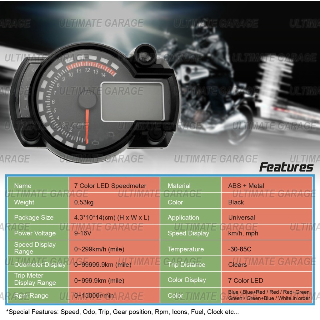 HOGNPA 0011 Digital Gauge Motorcycle Speedometer/Tachometer/Odometer Universal with Multi-Function Indicator Light Display Black 