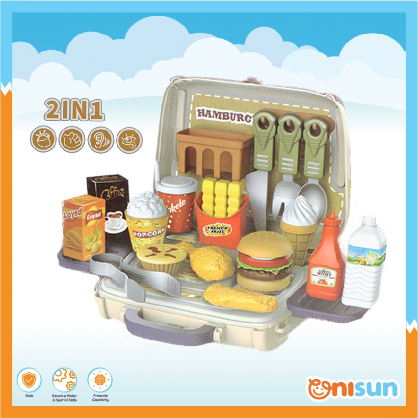 Children 2 in 1 28pcs Portable Kitchen Hamburger Sling Bag Toy Suitcase Pretend Play Set (Mainan Masak)