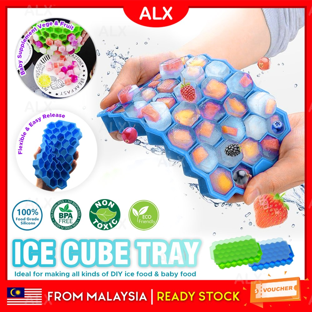 ALX FOOD GRADE 37 Cubes Honeycomb Ice Cube Maker Ice Mold Ice Box Mould Frozen Tray Dulang Ais + Lid Kitchen Tools 冰塊模具