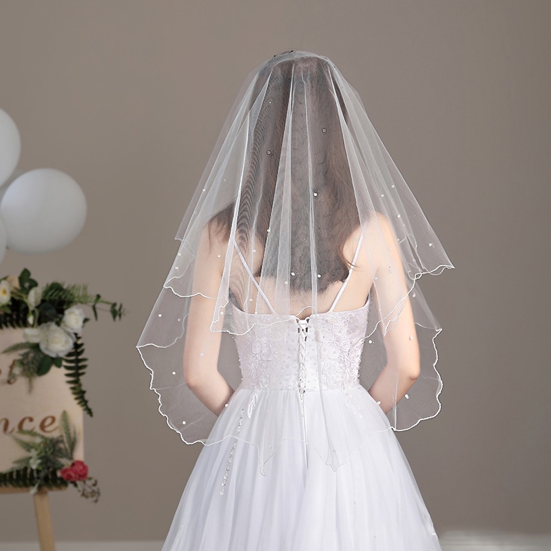 Short Single Layer Pearl Bride Veil Mesh Headwear Bridal Veils Wedding ...