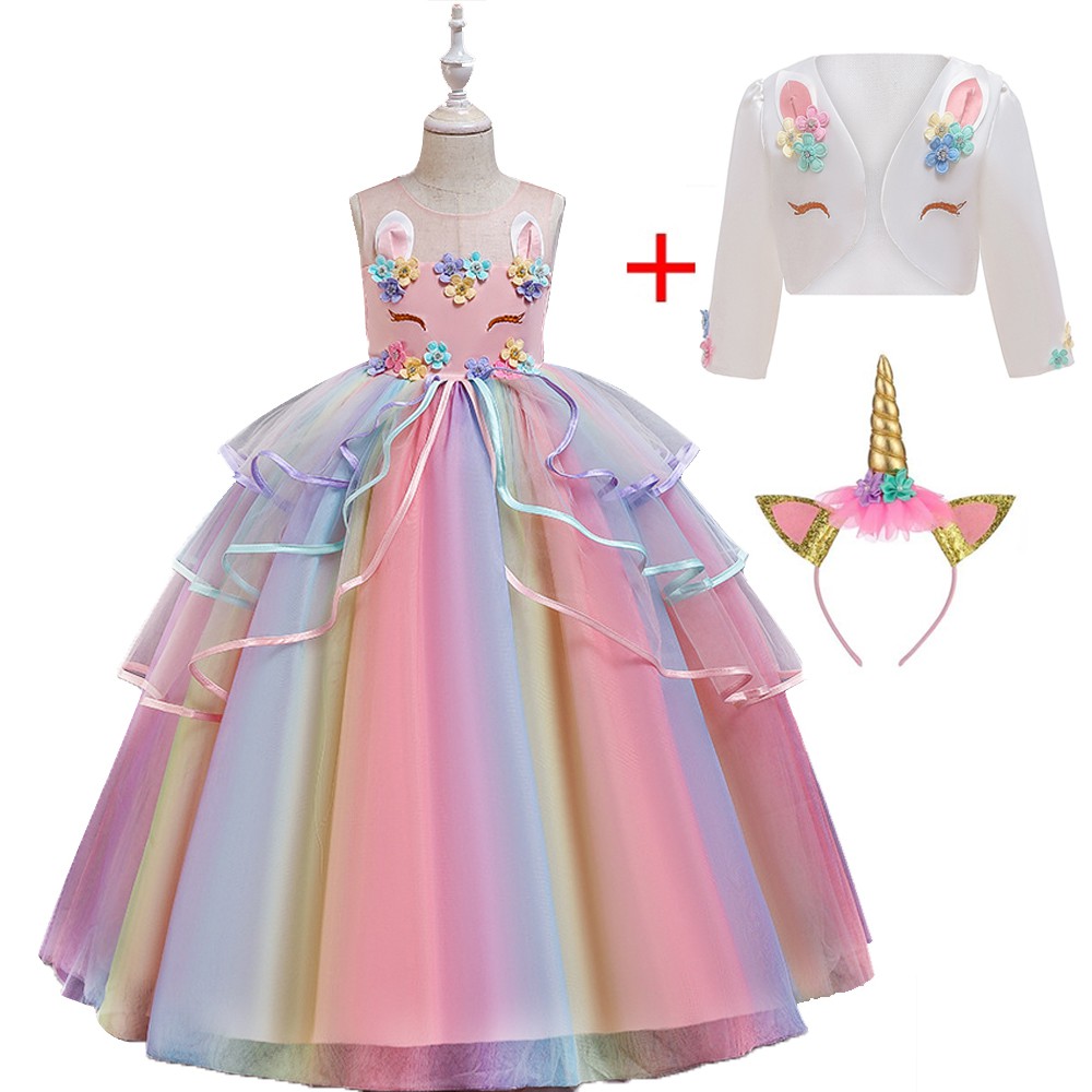 Unicorn Dress For Kids rainbow maxi dress girl carnival acting party prom birthday children costume