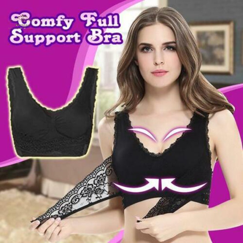 Comfy Full Support Bra Lace Bralette Solid Color Front Cross Side 