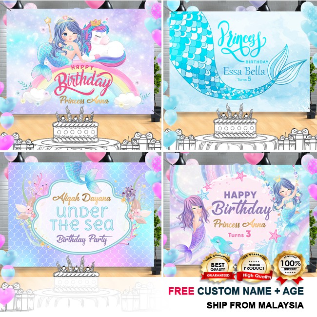 2 Personalised Birthday Banner Photo Mermaid Children Girls Kids Party Poster 