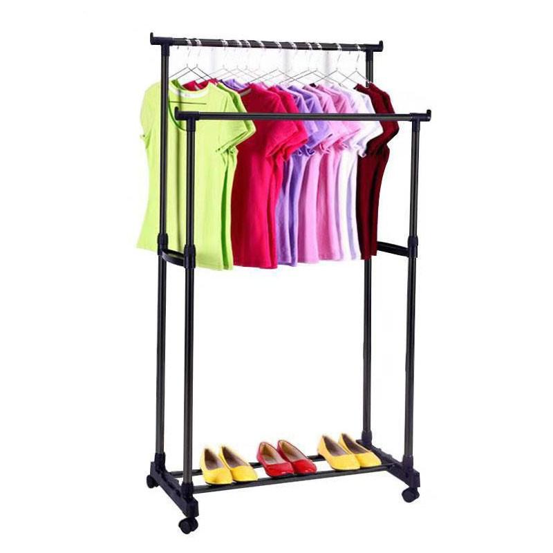 Portable Double Pole Steel Cloth Hanger And Organizer Rack Wheel Hanger ...