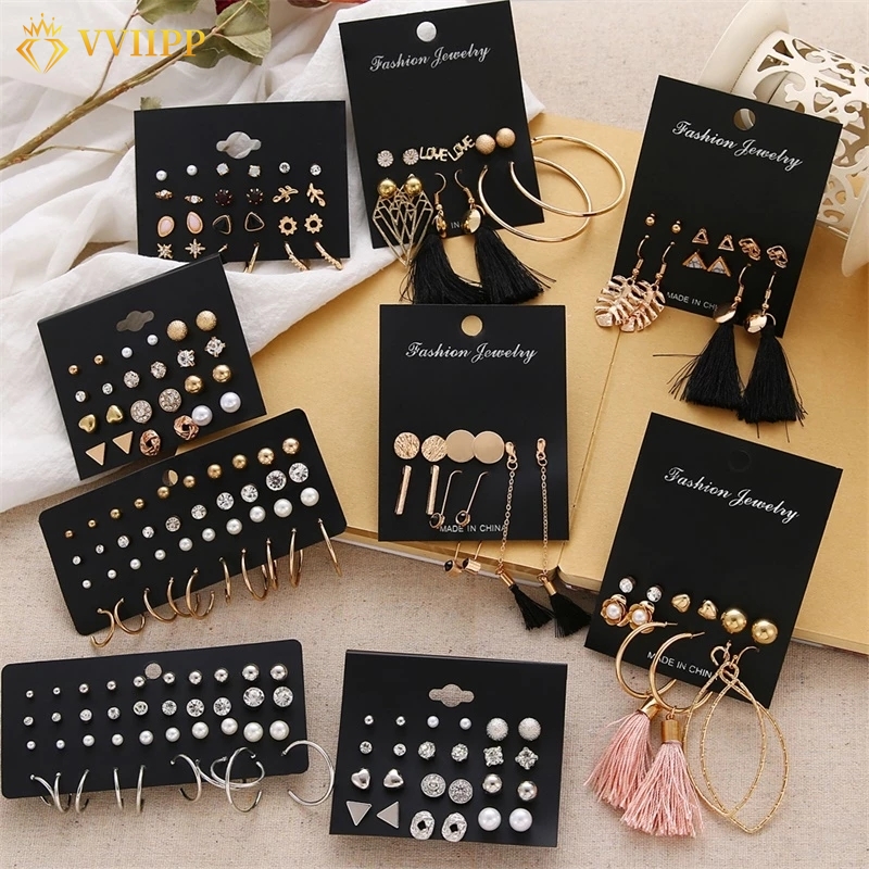 Women Pearl Crystal Earrings Set Bohemian Fashion Jewelry Geometric Heart Stud Earrings Tassel Earring Accessories