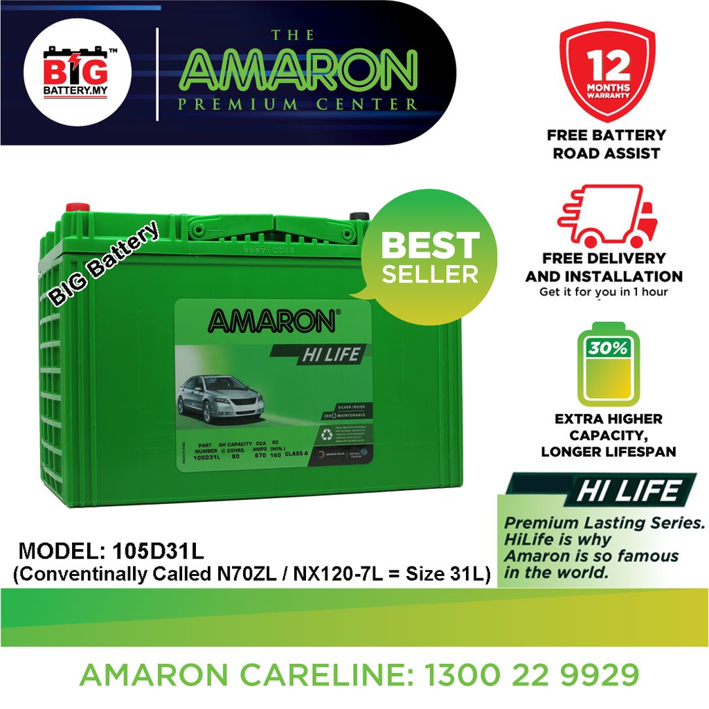 105d31l Nx120 7l Amaron Hilife Car Battery Premium 4x4 Ford Nissan Mitshibushi Kia Etc Bateri Kereta Diesel Shopee Malaysia