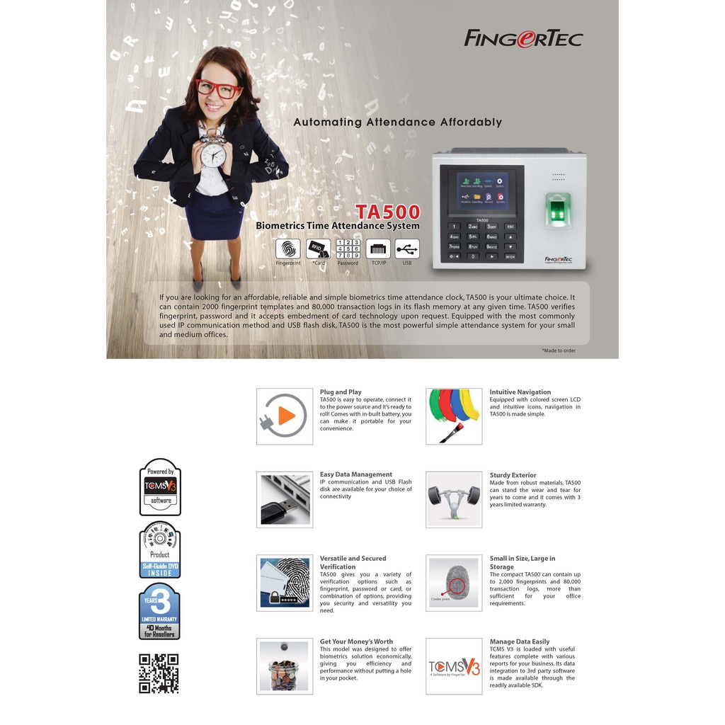 FingerTec TA500 Biometric Fingerprint Thumbprint Time Attendance Machine Fingerprint