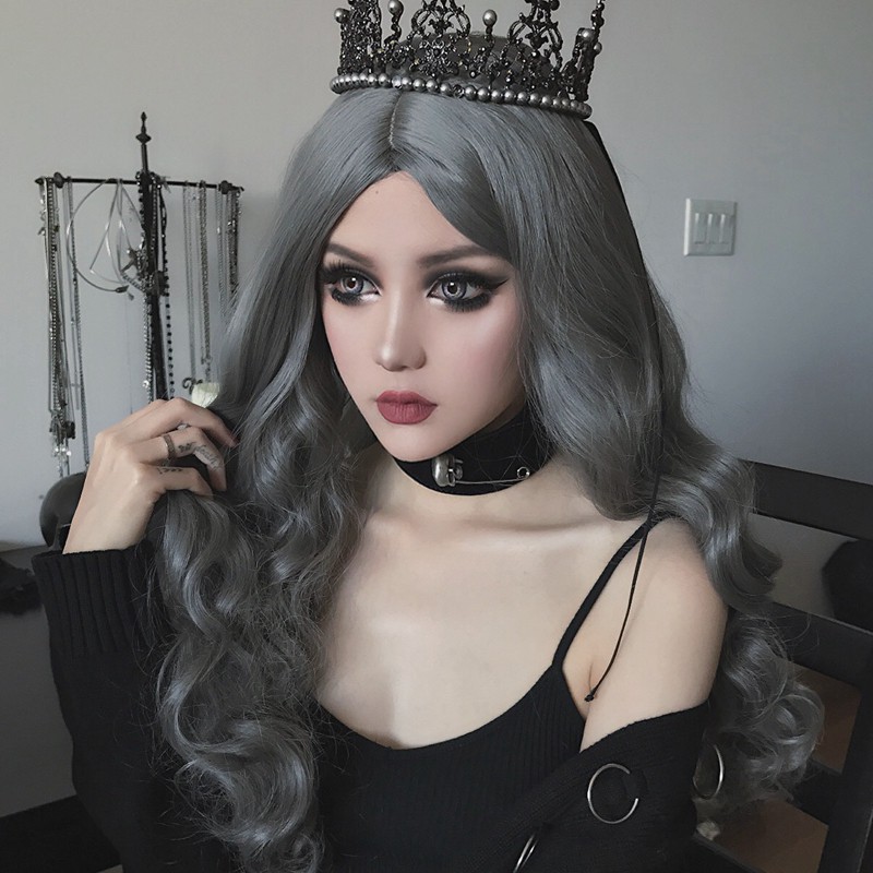 In The Split Bangs Wig Female Long Hair Gray Long Curly Hair Fluffy Big Wave Ani